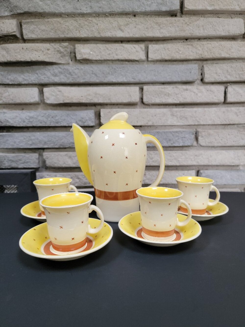 Susie Cooper Crown Works Burslem "Tyrol" teaset teapot cup/saucer x4 art deco